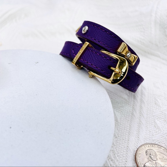 Henri Bendel Collection Purple Leather Gold Bow Crystal Logo Wrap Bracelet - Picture 1 of 6